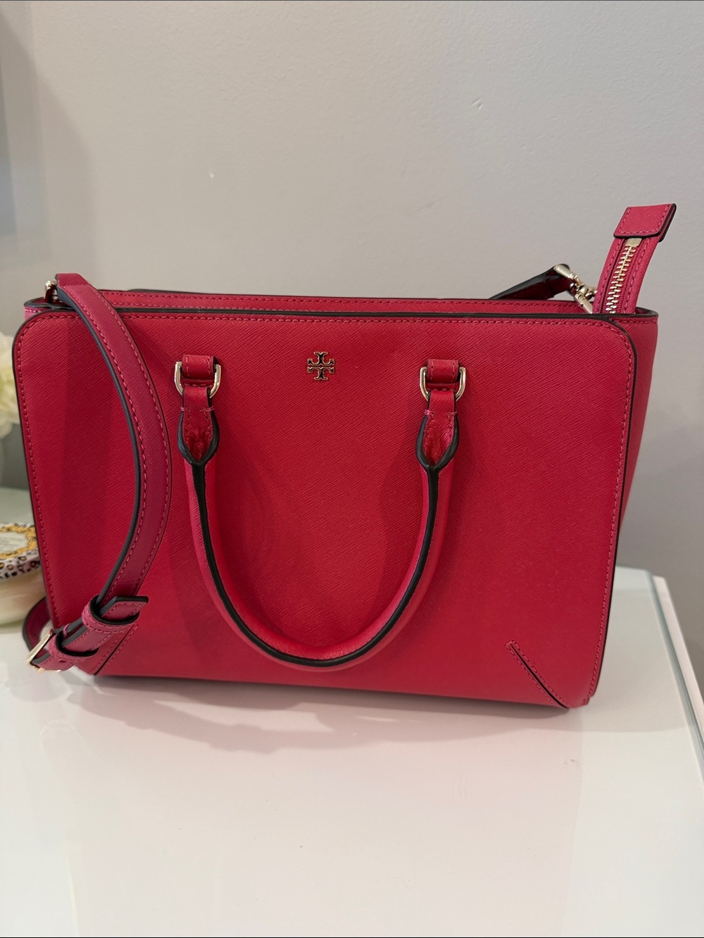 Tory Burch Bright Pink Saffiano Satchel with Detachable Strap